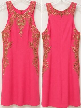 Lilly Pulitzer Tina Shift Dress- Pink & Gold Embelished- Metallic Embroidery